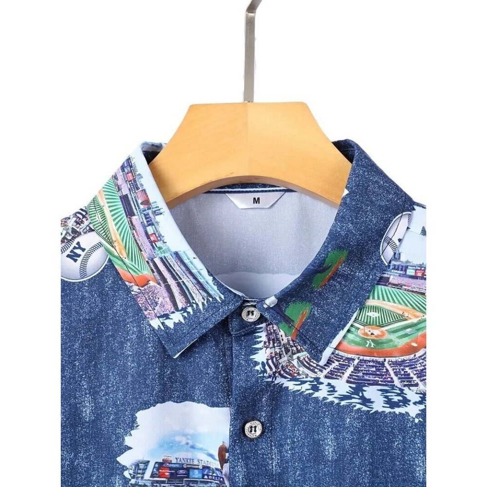 New New York Baseball Button Up Shirt Sea Blue Men's - Picture 3 of 5
